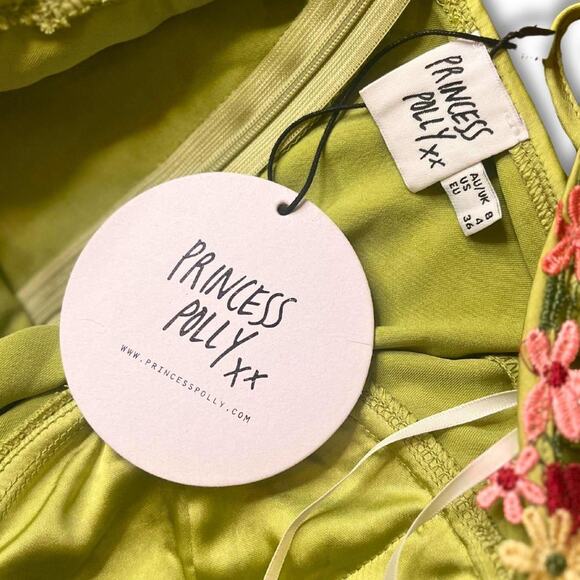 Princess Polly Lime Green Satin Mini Dress with Embroidered Flowers Size 4 -NWT - Picture 5 of 7